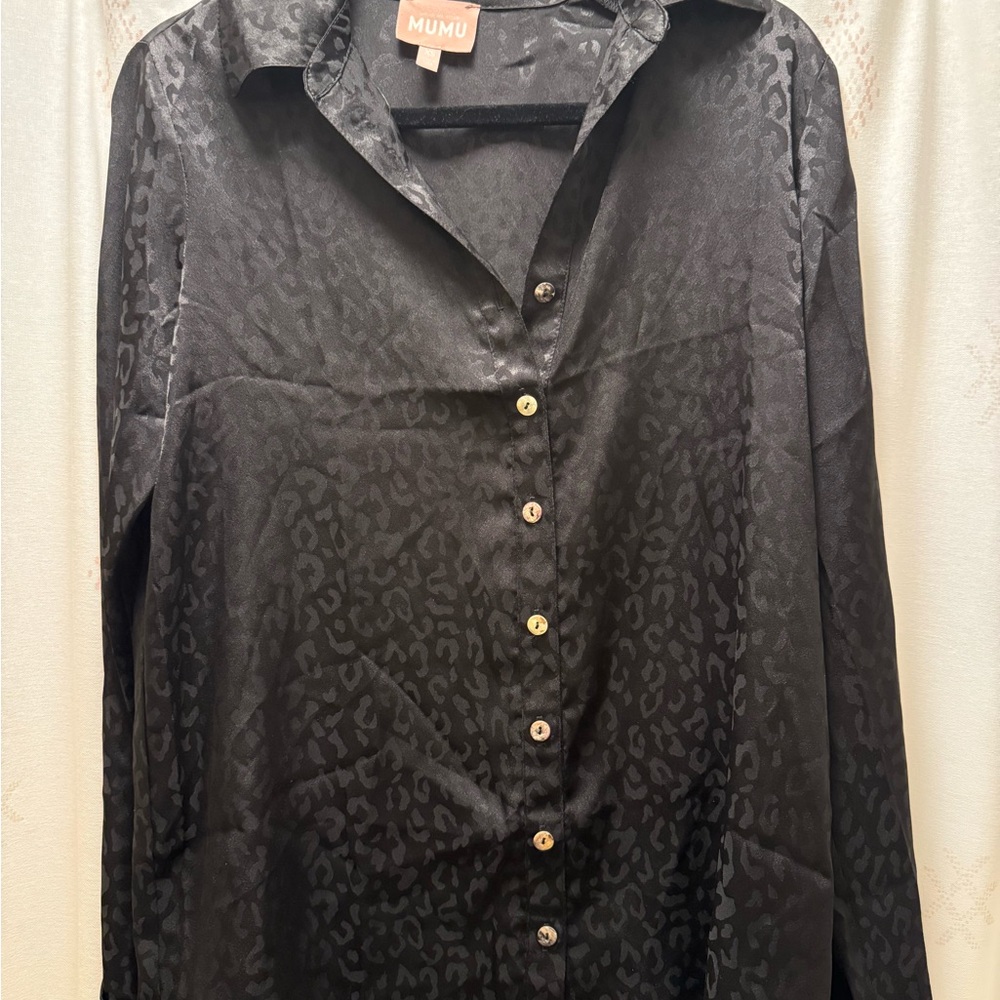 Show Me Your MuMu Black Satin Leopard Button-Up Blouse